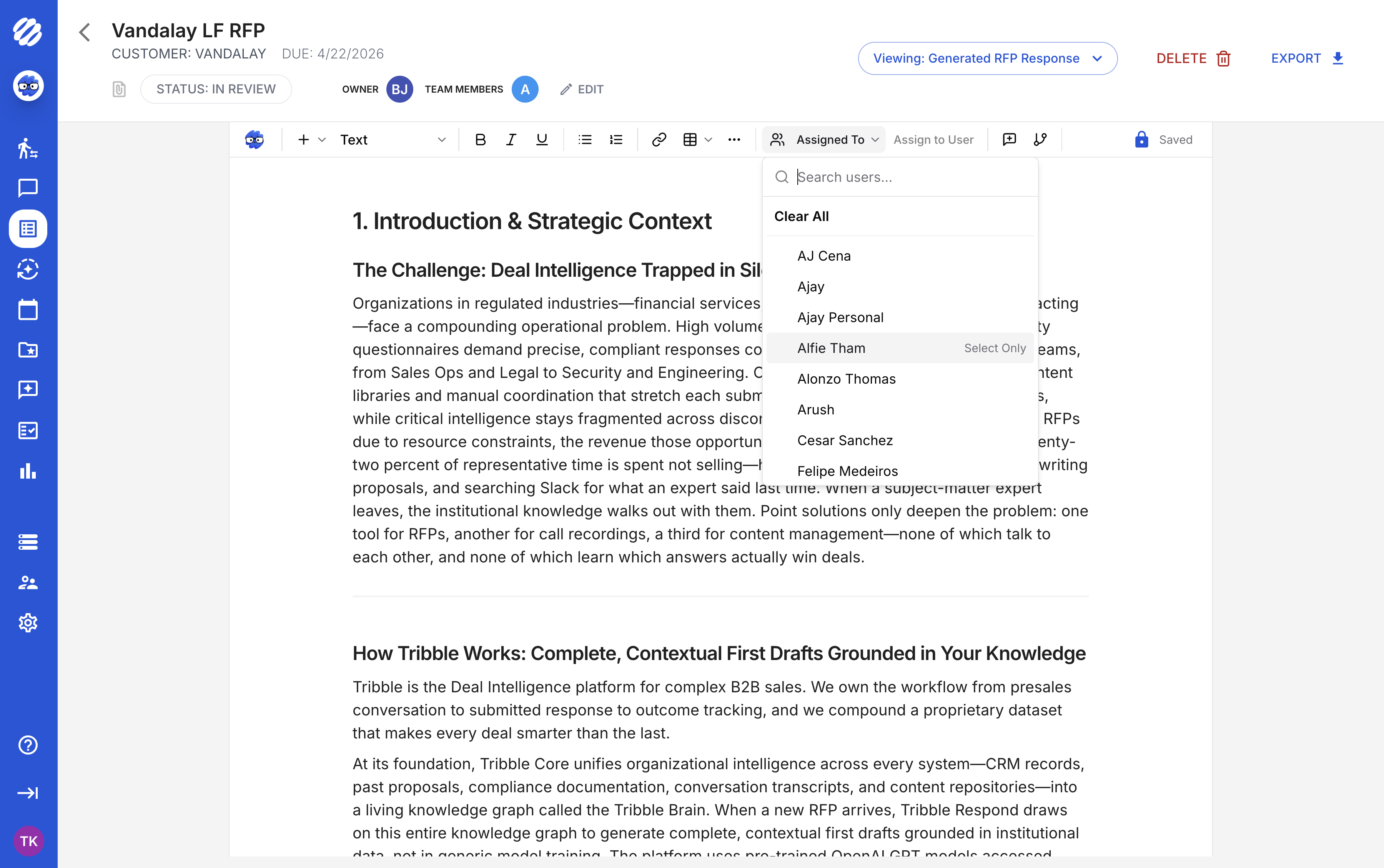 Tribble response editor showing assignee selection for expert review routing